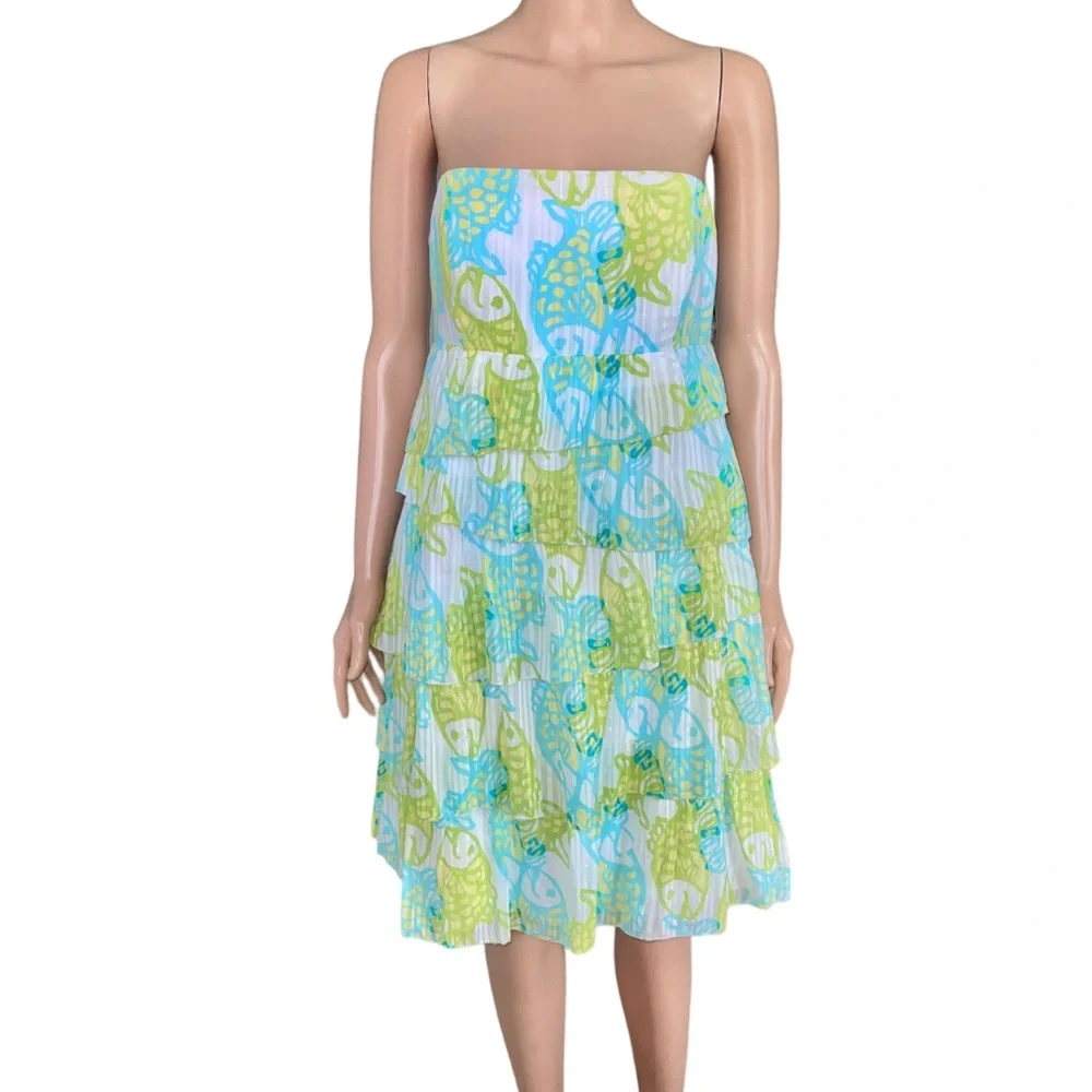 Lilly Pulitzer Arden Dress Off the Hook Fish Print Strapless Ruffle - Picture 2 of 9
